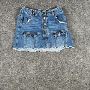 Blueage Mini Skirt Womens Small Blue Denim Frayed Hem Button Fly Medium Wash
